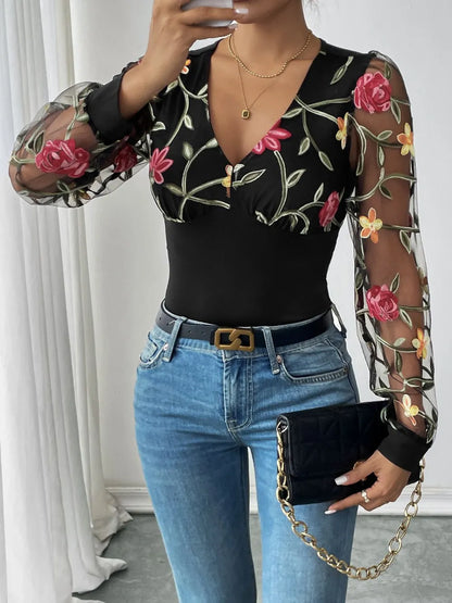 Trendsi Perfee Embroidered V-Neck Long Sleeve Bodysuit