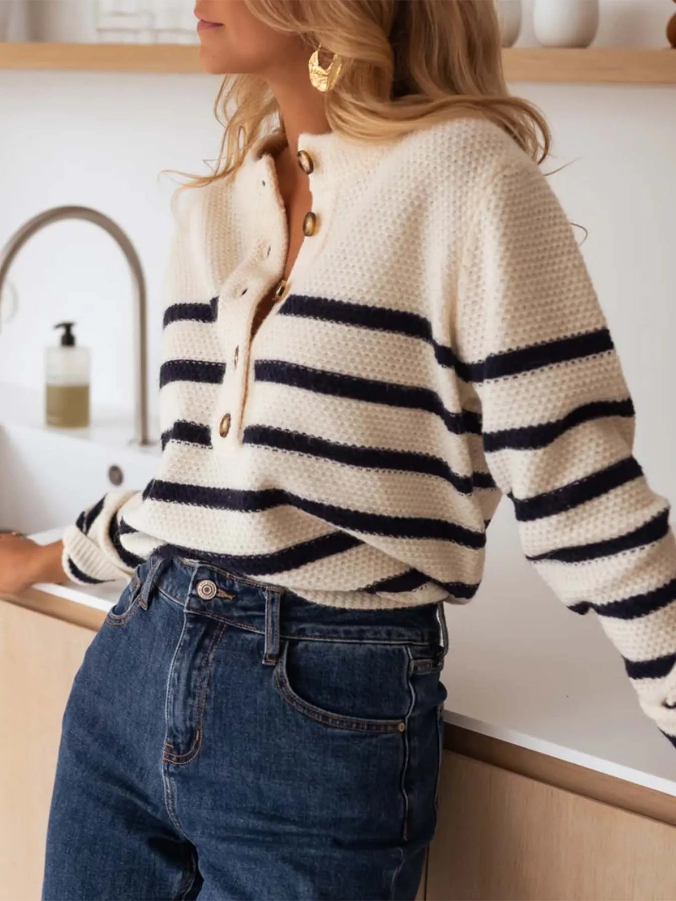 Trendsi Striped Button-Front Sweater