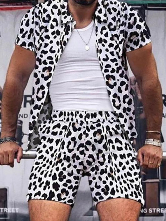 Men's Full Size Leopard Button Up Shirt and Shorts Set Plus Size Leopard Easy Apparels