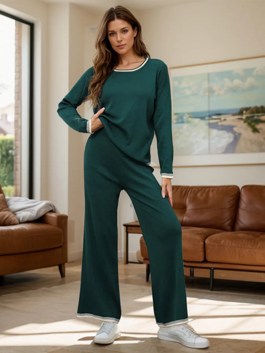 Contrast Trim Round Neck Top and Pants Sweater Set Dark Green One Size Easy Apparels