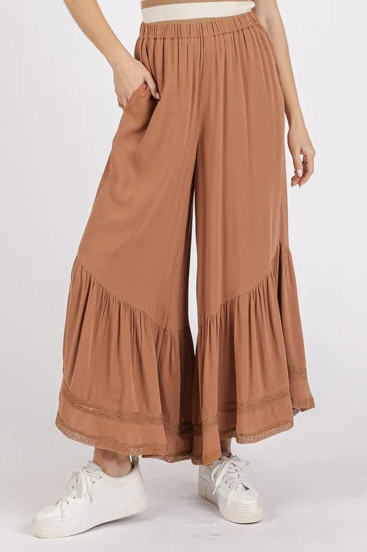 Mittoshop Lace Ruffle Asymmetric Hem Wide Leg Pants Caramel Easy Apparels