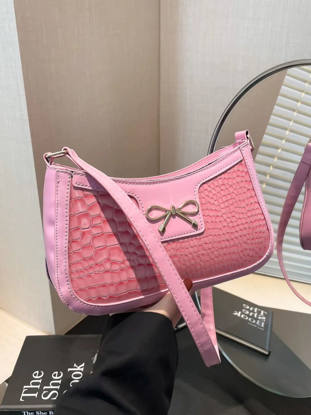 Crocodile Pattern Shoulder Bag with Bow Detail Easy Apparels
