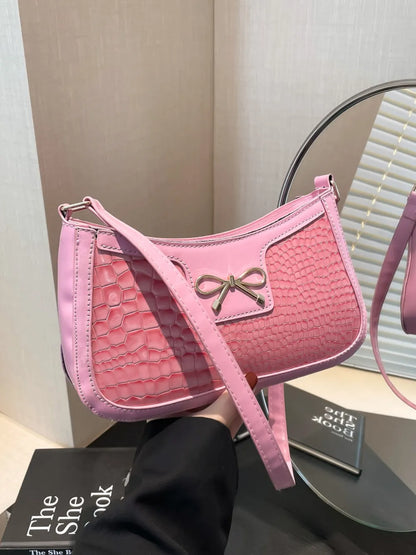 Crocodile Pattern Shoulder Bag with Bow Detail Easy Apparels