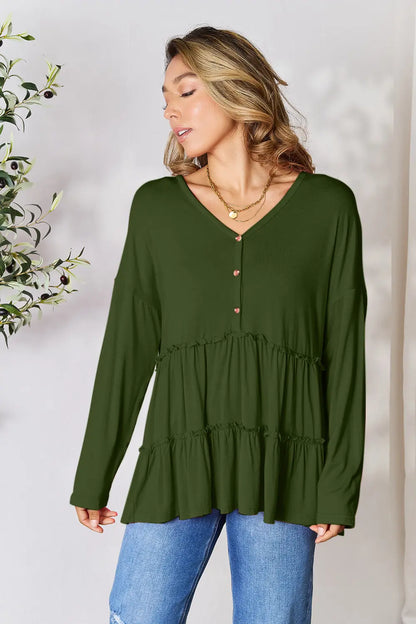 Trendsi Double Take Half Button Long Sleeve Ruffle Hem Blouse