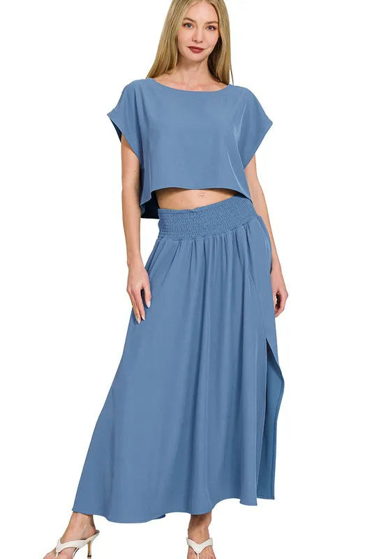 Zenana Heavy Woven Span Crop Tee & Skirt Set DUSTY BLUE Easy Apparels