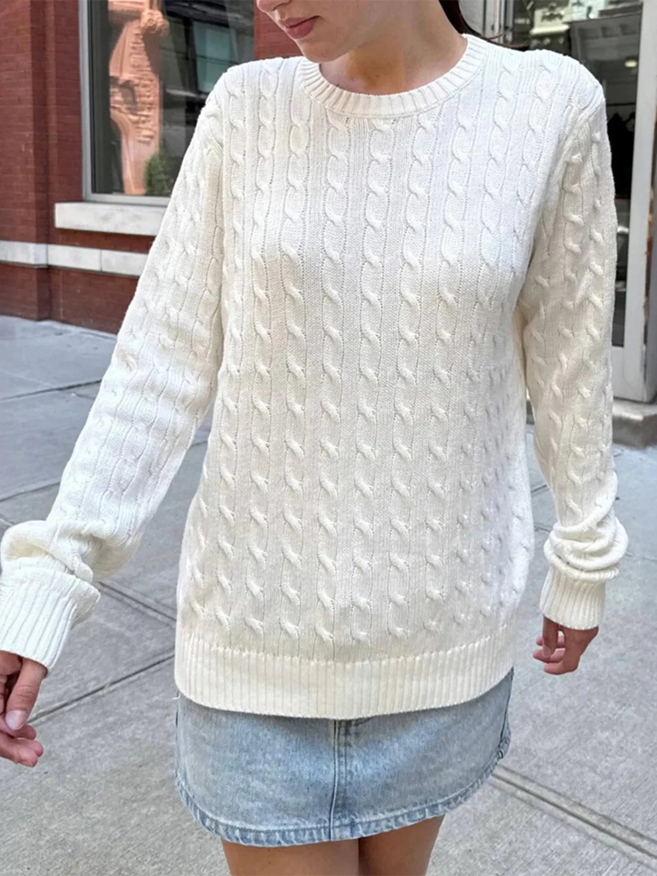 Trendsi Cable-Knit Round Neck Pullover Sweater