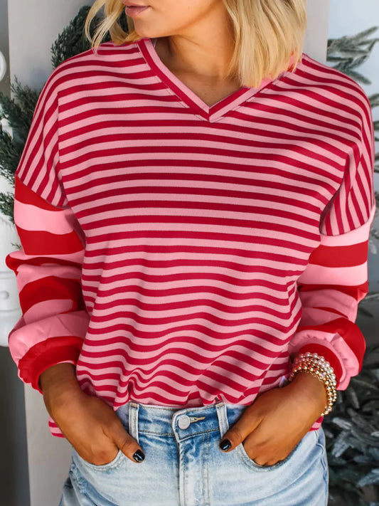 Trendsi Striped Drop Shoulder V Neck Top Deep Rose