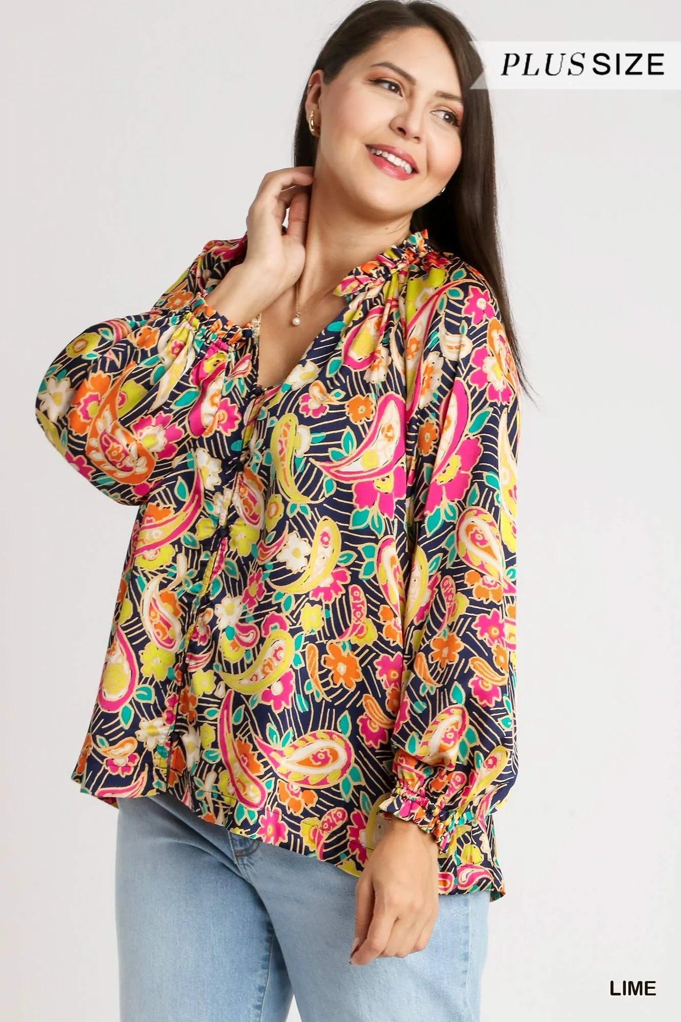 Trendsi Umgee Full Size Satin Paisley Ruffle Neck Button-Up Shirt Plus Size