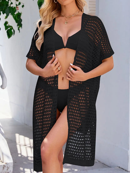 Open Front Tied Openwork Cover-Up Black One Size Easy Apparels
