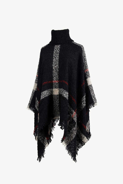 Plaid Turtleneck Raw Hem Poncho Easy Apparels