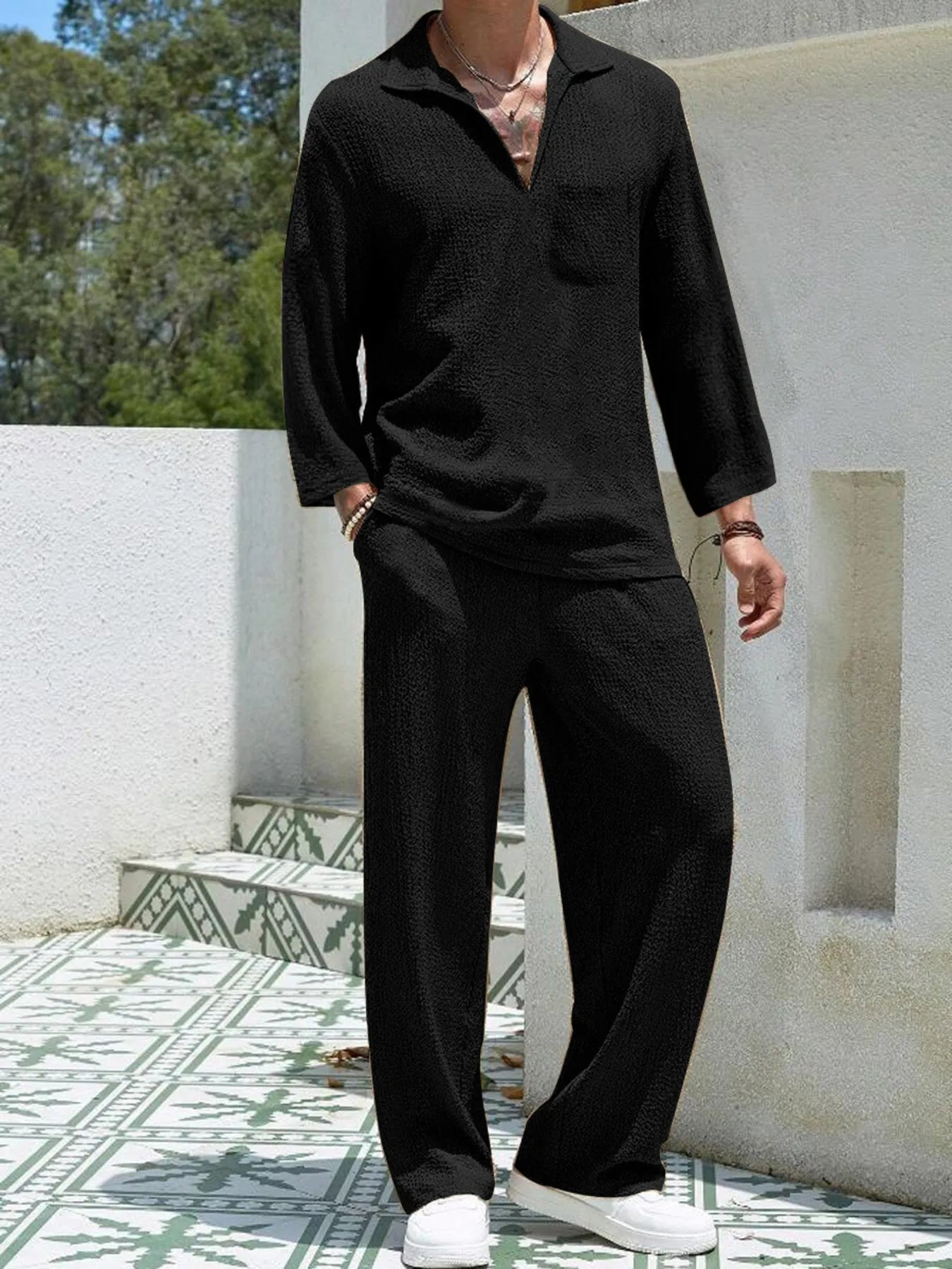 Men's Plus Size Long Sleeve Top and Pants Set Black Easy Apparels