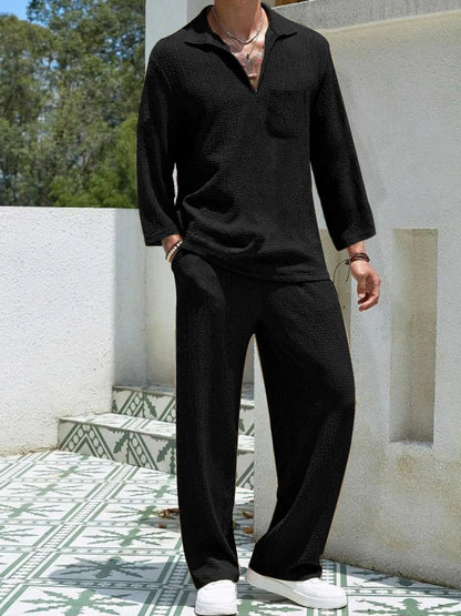 Men's Plus Size Long Sleeve Top and Pants Set Black Easy Apparels
