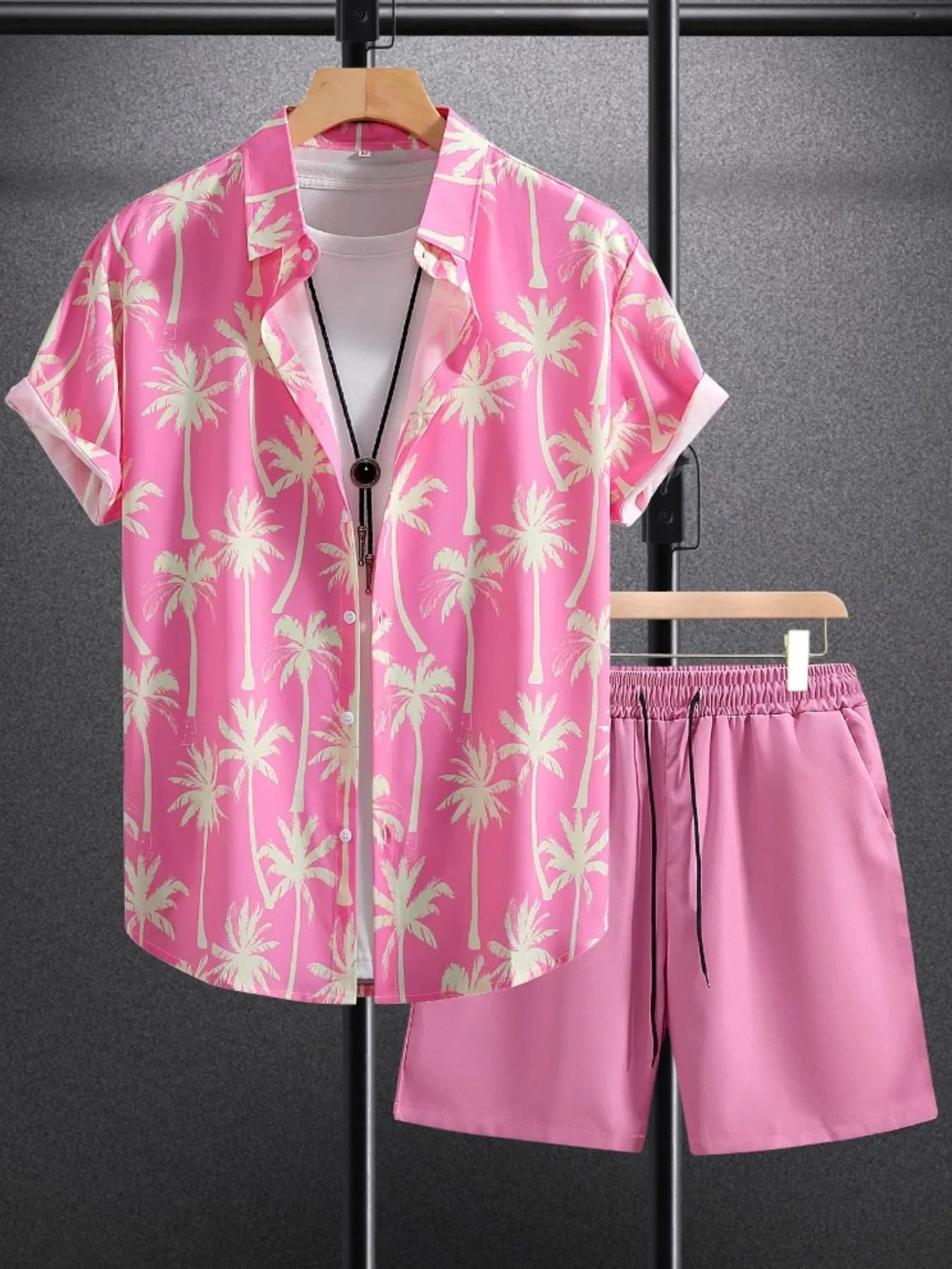 Men's Palm Tree Print Top and Shorts Summer Set Dusty Pink Easy Apparels
