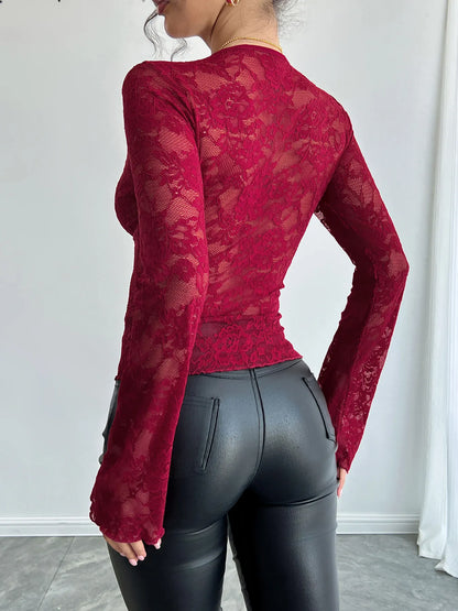 Trendsi Lace Deep V-Neck Long Sleeve T-Shirt