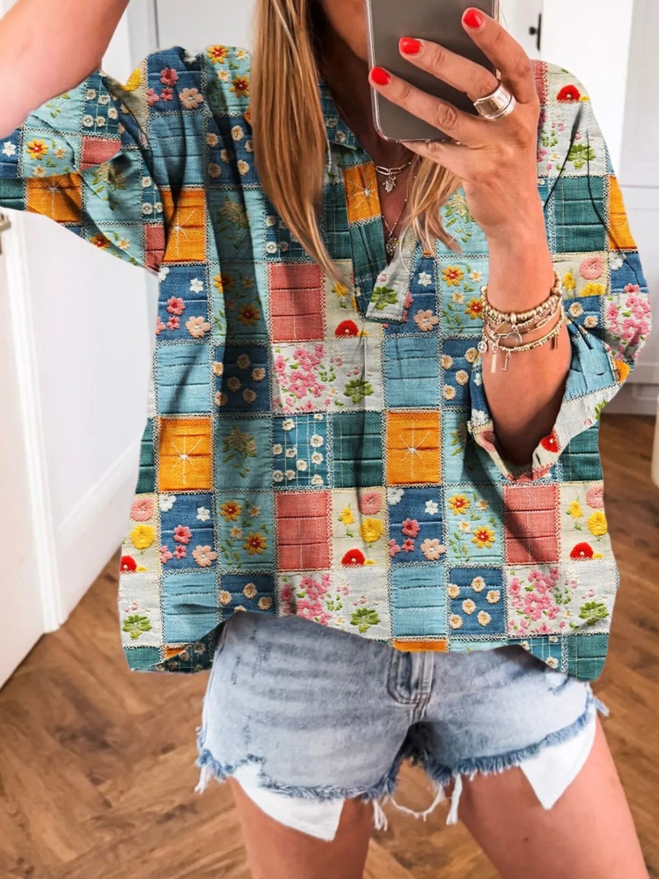 Trendsi Patchwork Print Notched Long Sleeve Blouse