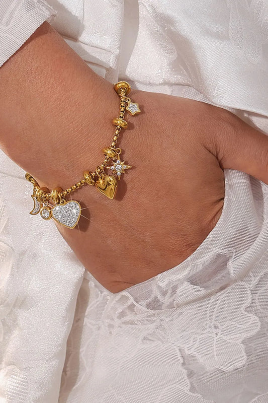 Titanium Steel Inland Zircon Heart Charm Bracelet Gold One Size Easy Apparels