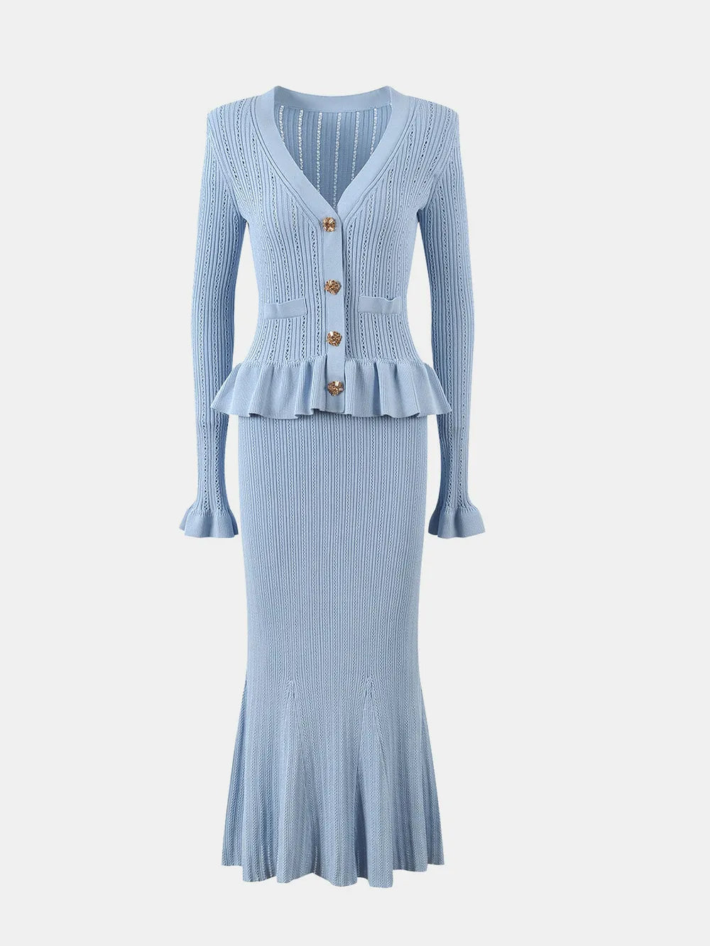Ruffled V-Neck Top and Midi Skirt Sweater Set Easy Apparels