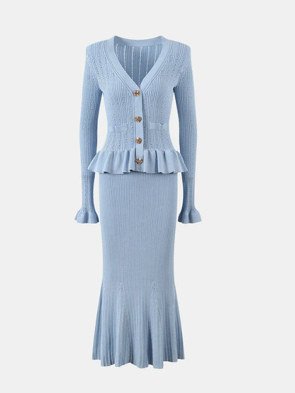 Ruffled V-Neck Top and Midi Skirt Sweater Set Easy Apparels