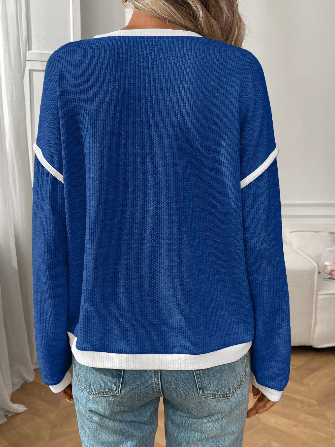 Trendsi Ribbed Contrast Trim Long Sleeve Top