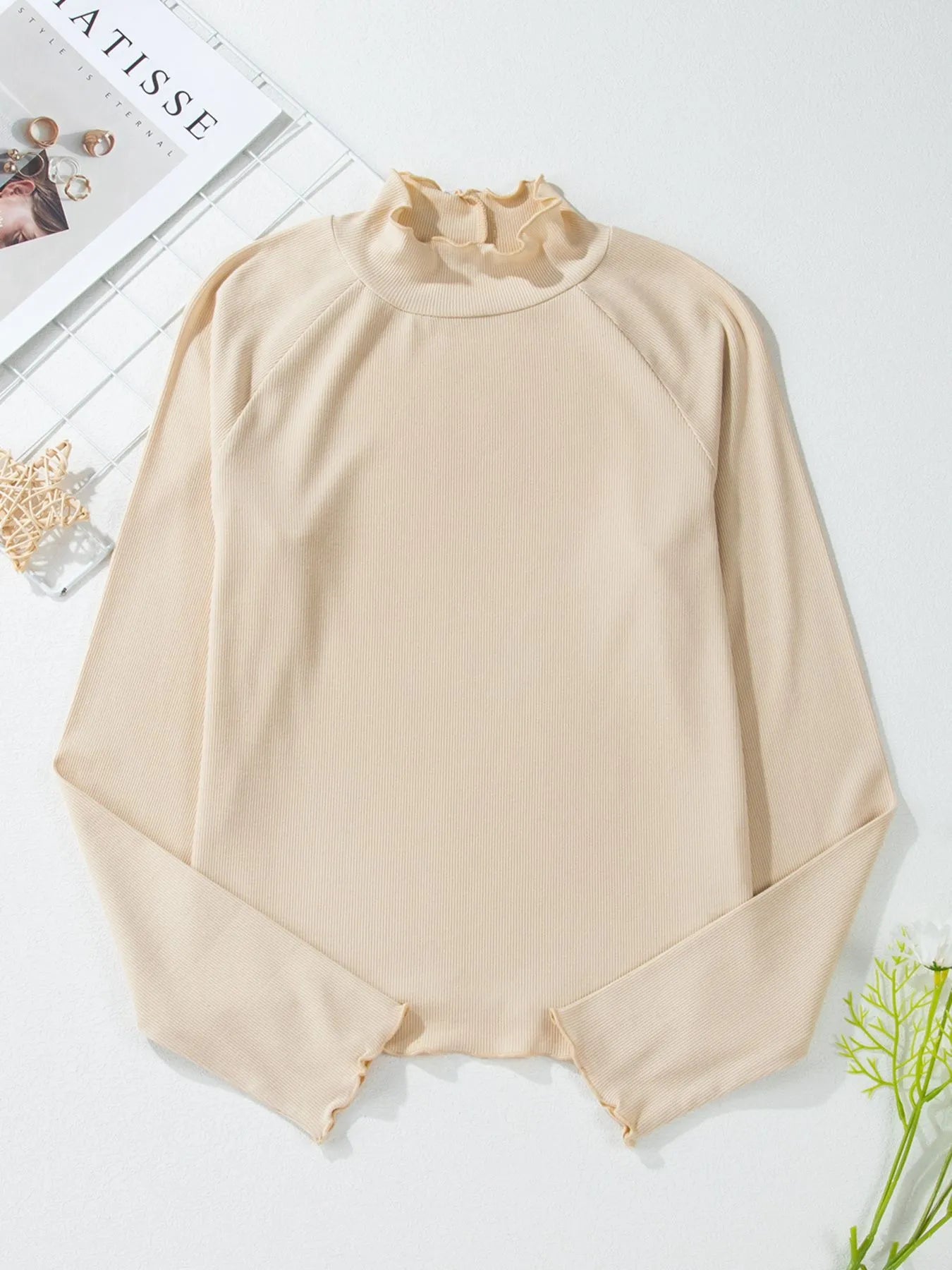 Trendsi Ribbed Knit Lettuce Trim Mock Neck Long Sleeve Top