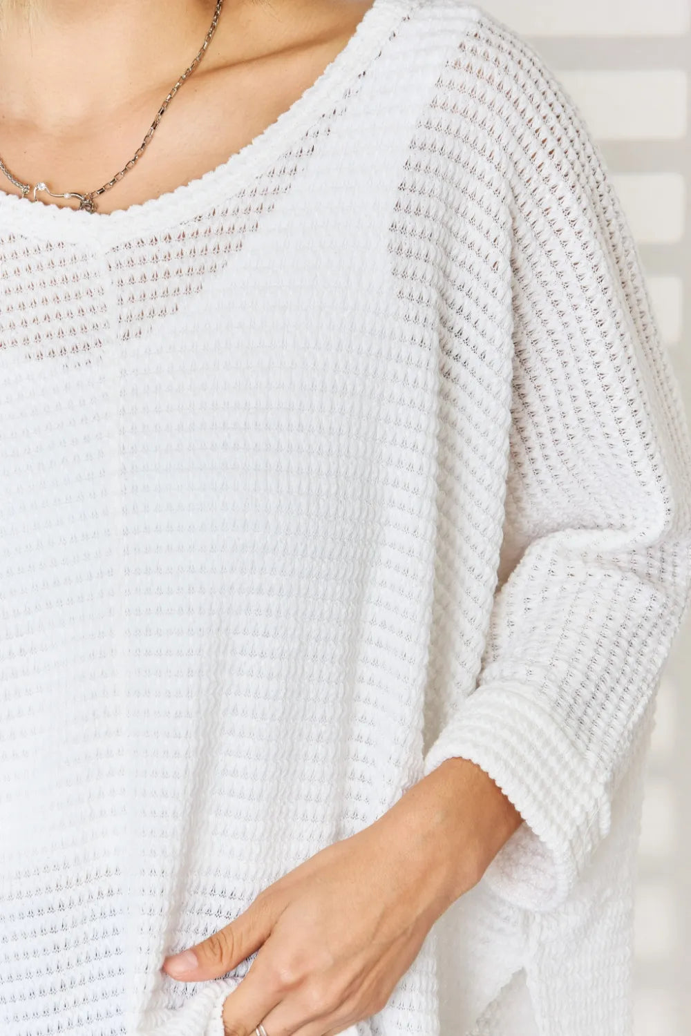 Trendsi Zenana Full Size Waffle Knit V-Neck Long Sleeve Slit Top