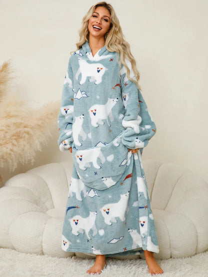 Fuzzy Pocketed Long Sleeve Hooded Lounge Dress Easy Apparels