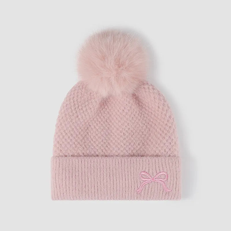 Thermal Bow Knit Hat with Pompom Pink One Size Easy Apparels
