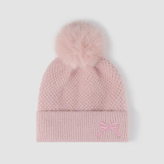 Thermal Bow Knit Hat with Pompom Pink One Size Easy Apparels