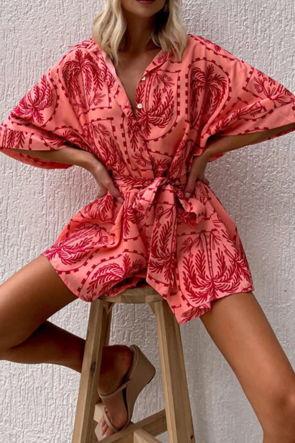 Printed Tie Waist Romper Easy Apparels
