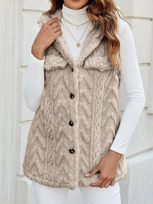 Button-Front Hooded Vest Coat Apricot Easy Apparels