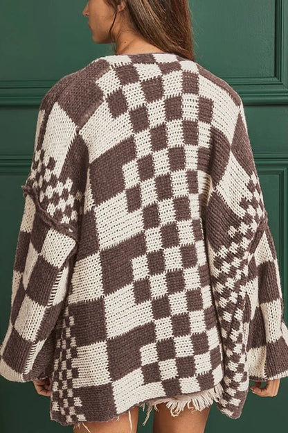 Checkered Open Front Long Sleeve Cardigan Easy Apparels