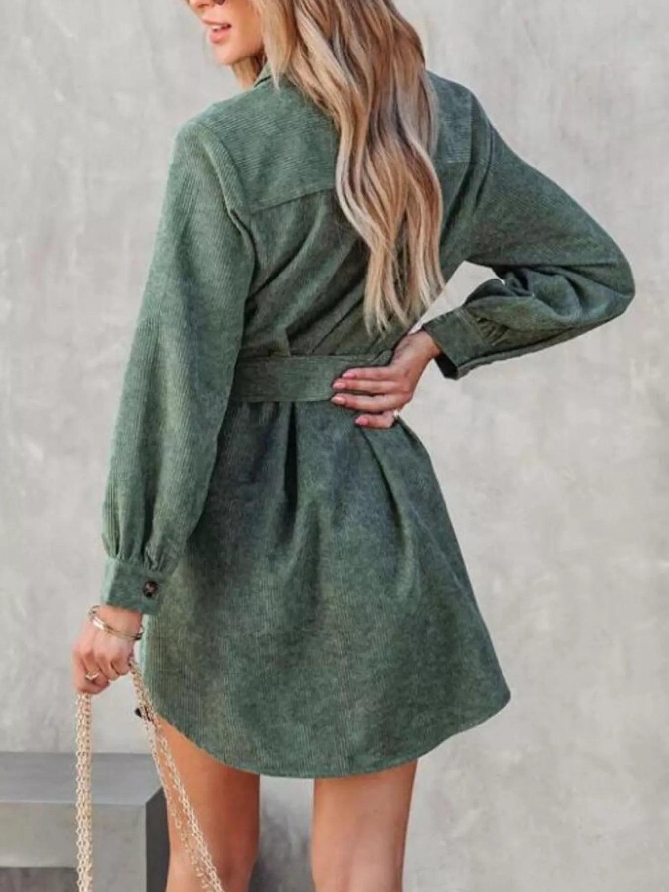 Button Front Belt Long Sleeve Corduroy Dress Easy Apparels