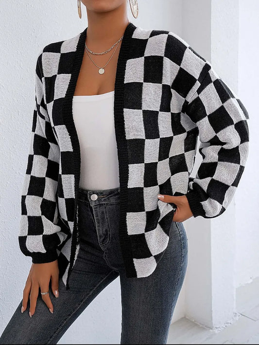 Checkered Open Front Long Sleeve Cardigan Black White Easy Apparels