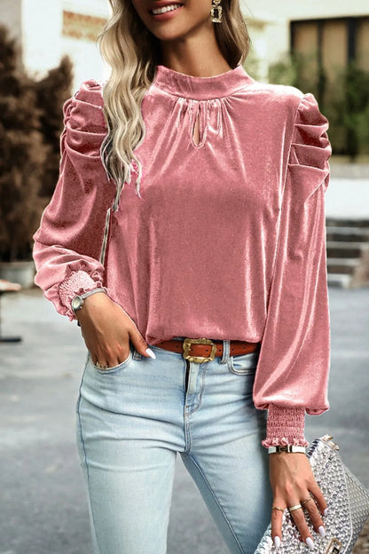 Trendsi Tie Up Mock Neck Velvet Fabric Long Sleeve Blouse