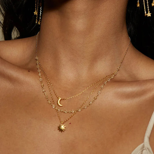 18K Gold-Plated Layered Moon Sun Pendant Necklace Gold One Size Easy Apparels