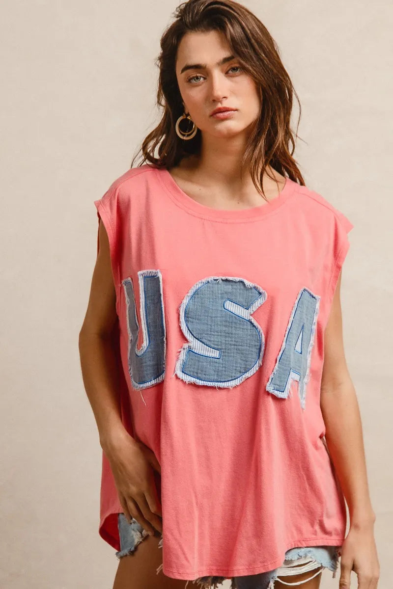 Trendsi BiBi Washed Jersey With Usa Patched Raw Cut Edge Detail