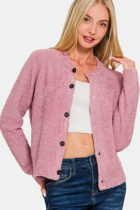 Zenana Button Down Long Sleeve Sweater Cardigan Lt Rose Easy Apparels