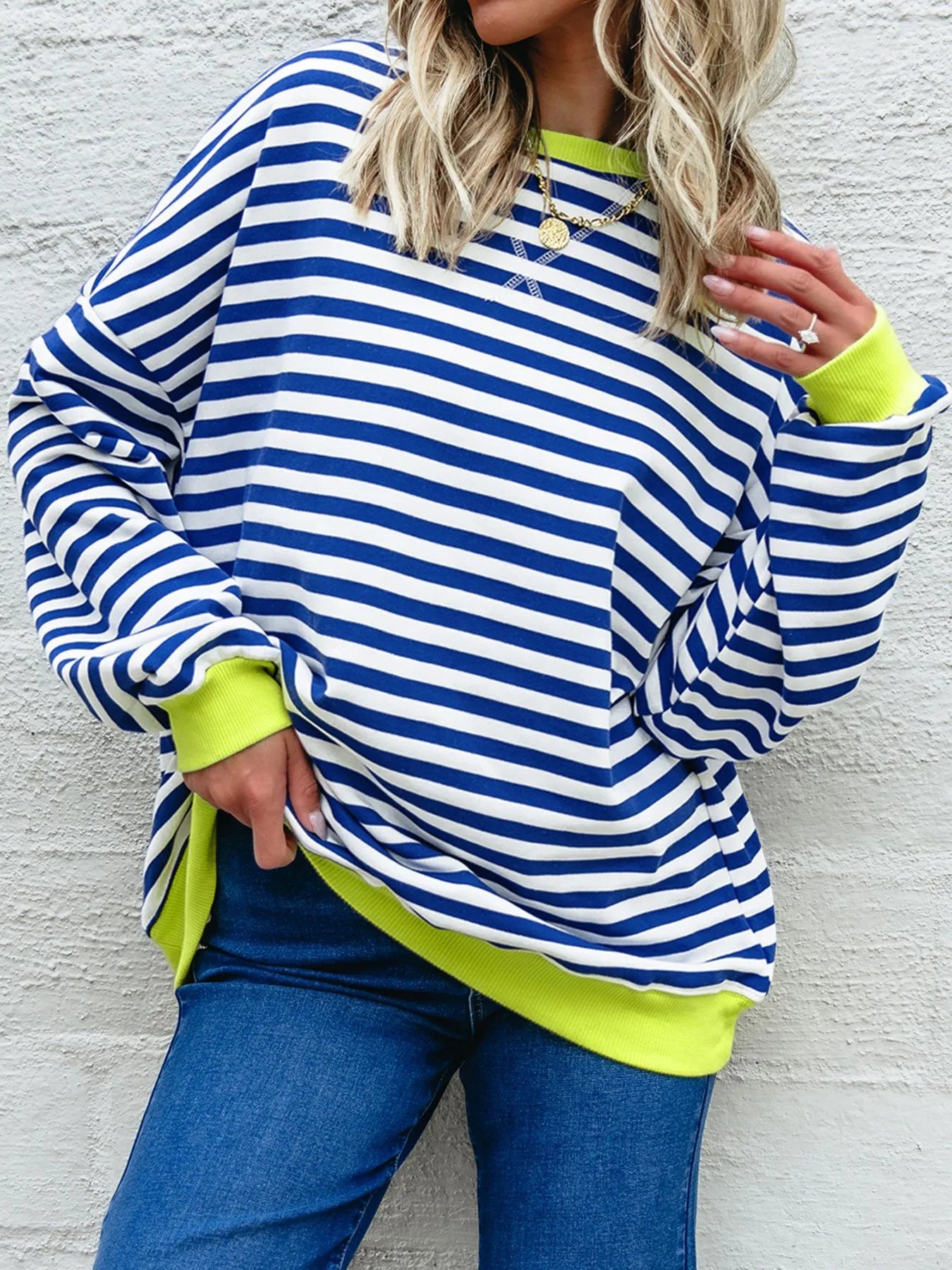 Trendsi Striped Contrast Ribbed Trim Drop Shoulder Sweatshirt