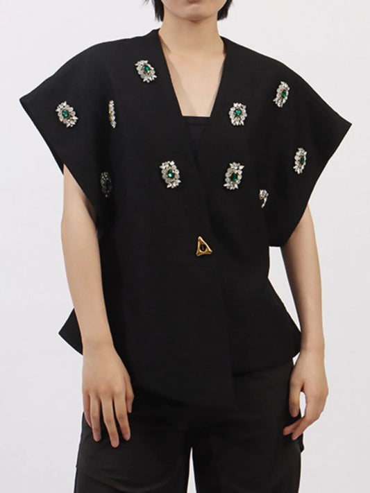 Plus Size Rhinestone Relaxed Fit Vest Coat Black Easy Apparels