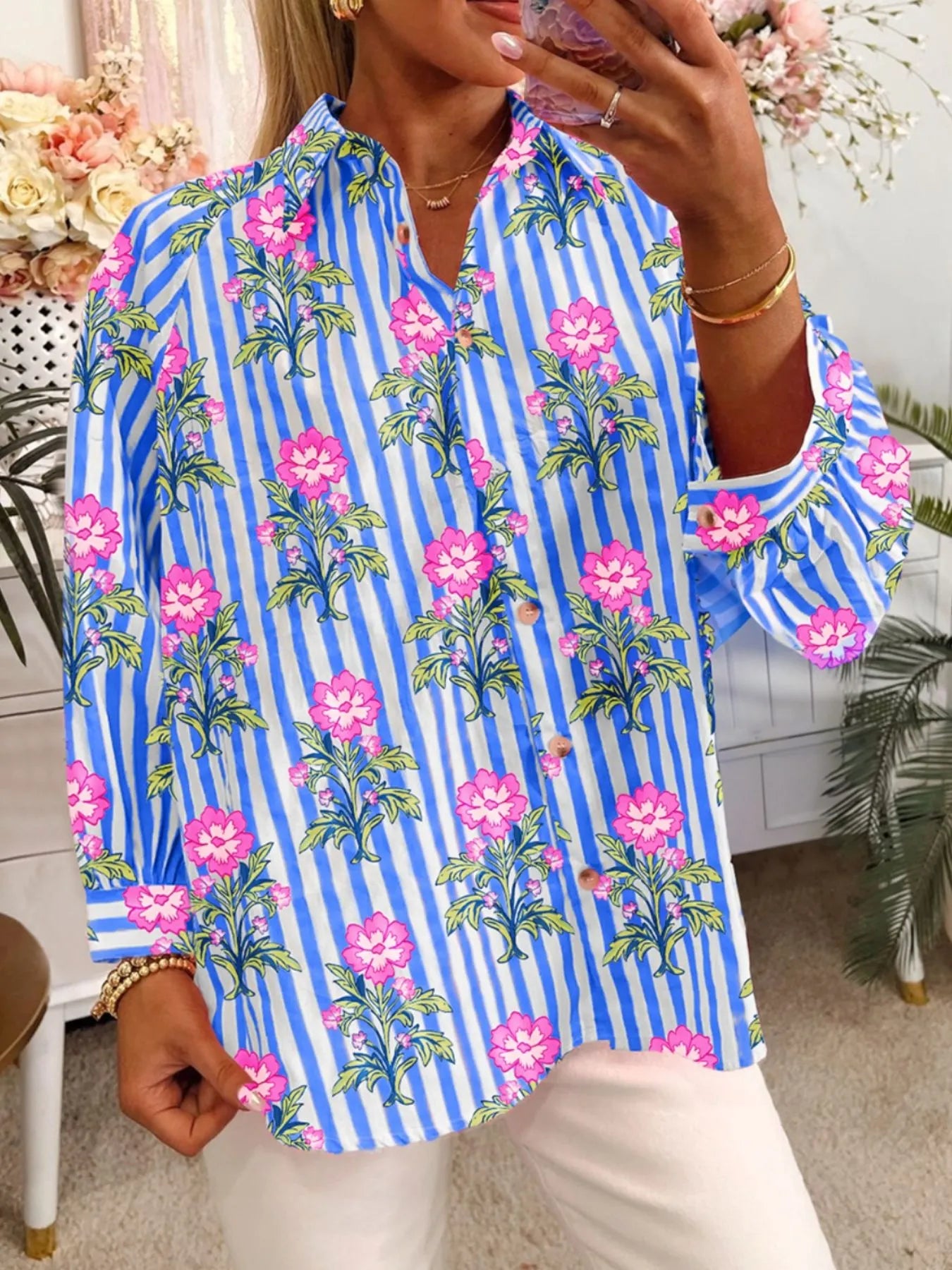 Trendsi Floral Striped Button-Down Shirt