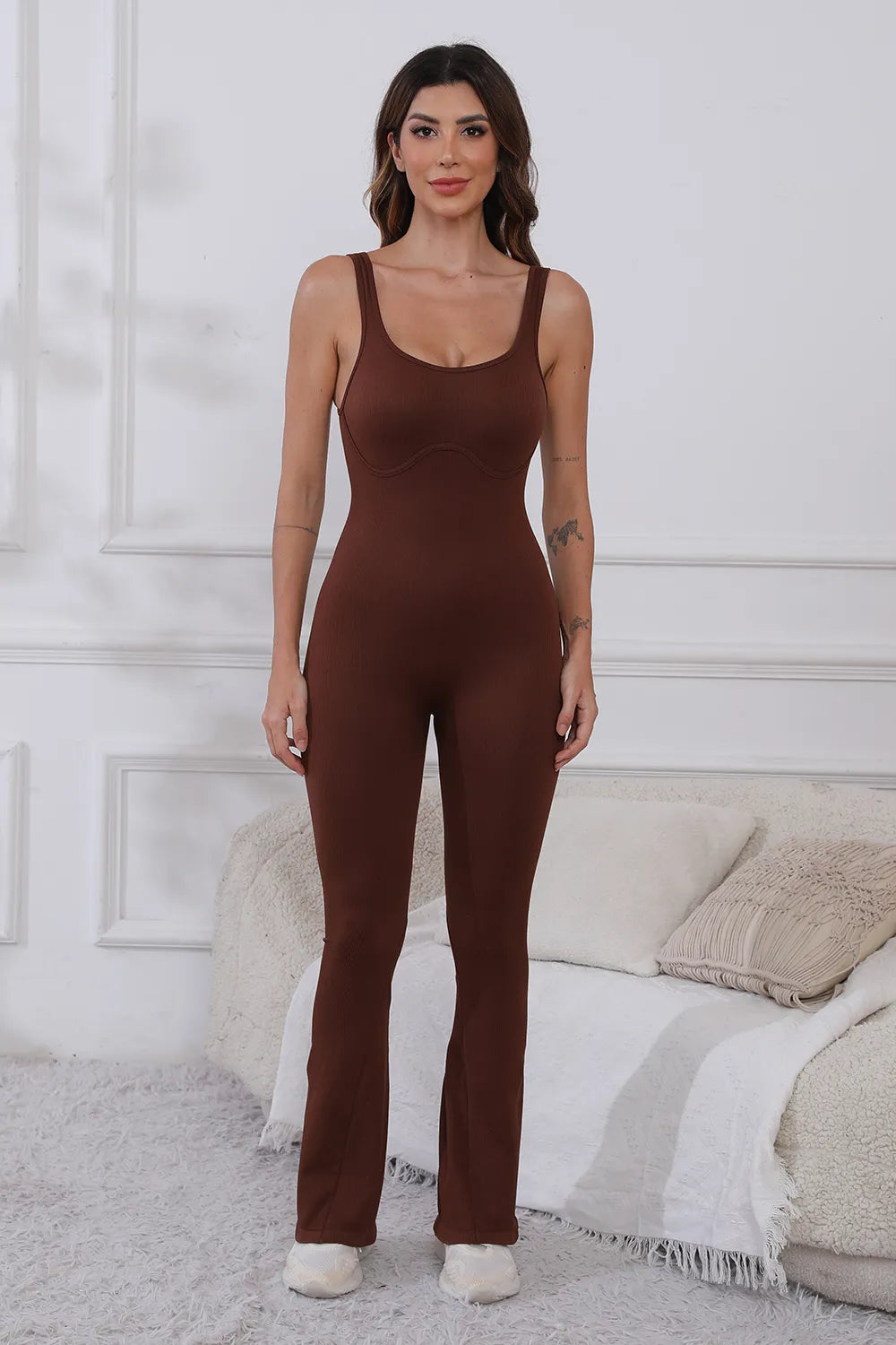 Scoop Neck Wide Strap Active Jumpsuit Brown Easy Apparels