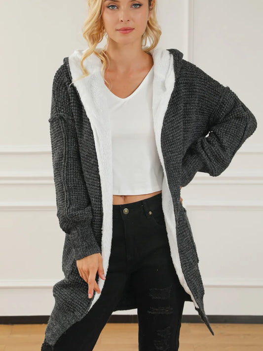Open Front Hooded Winter Coat with Pockets Black Easy Apparels