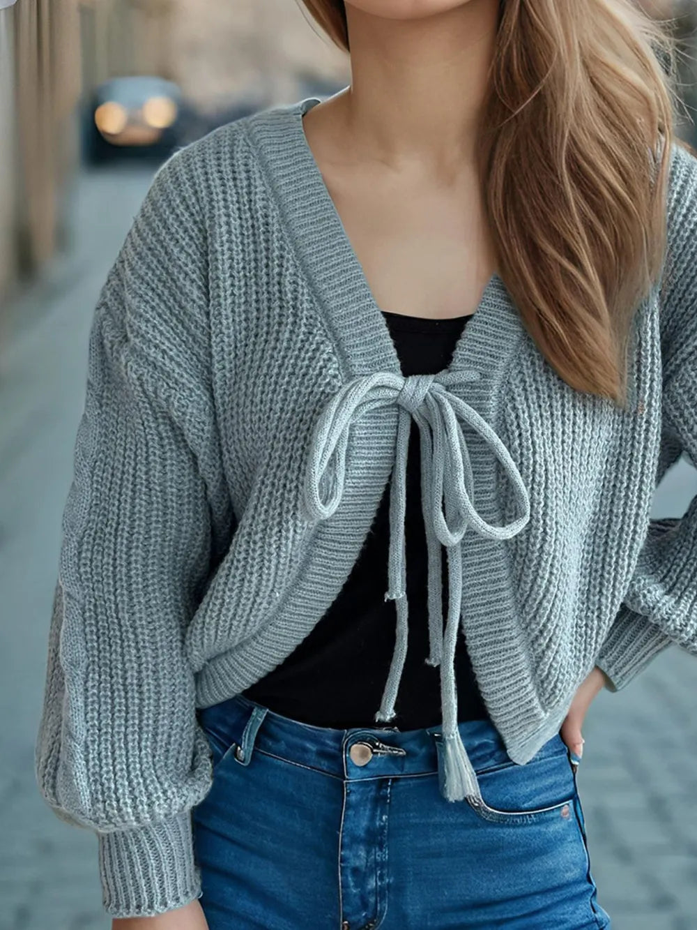 Tied Dropped Shoulder Long Sleeve Cardigan Light Blue One Size Easy Apparels