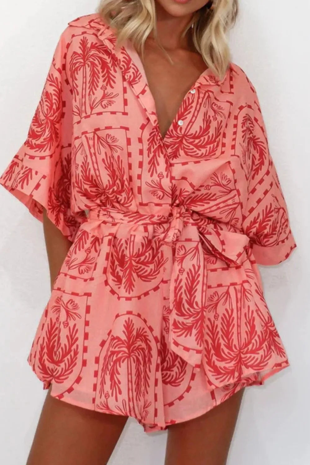 Printed Tie Waist Romper Easy Apparels