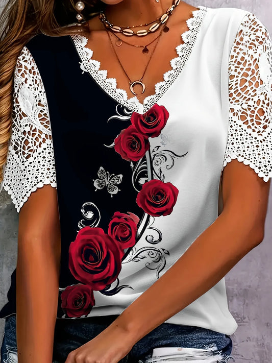 Trendsi Full Size Printed Lace Sleeve V-Neck T-Shirt Plus Size Scarlet