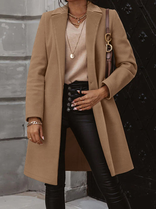 Collared Neck Button Up Long Sleeve Coat Camel Easy Apparels