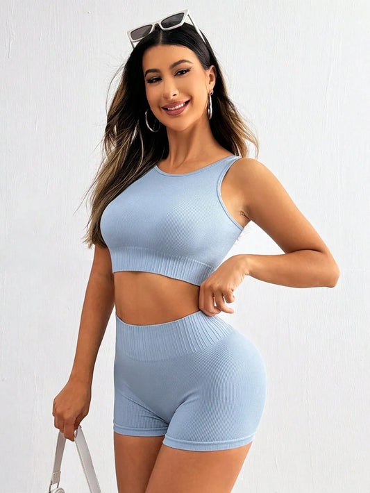 Round Neck Wide Strap Top and Shorts Active Set Light Blue Easy Apparels