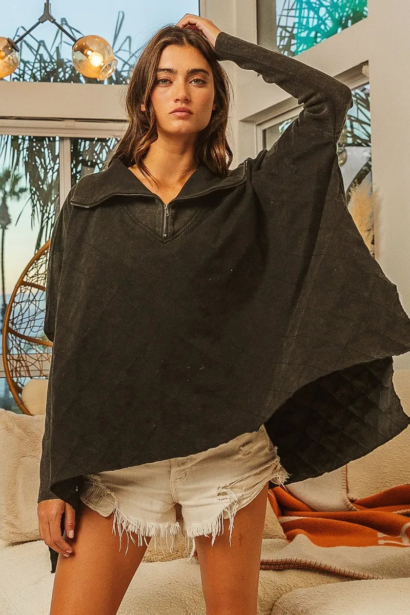 Trendsi BiBi Vintage Washed Quilted Half Zip Top