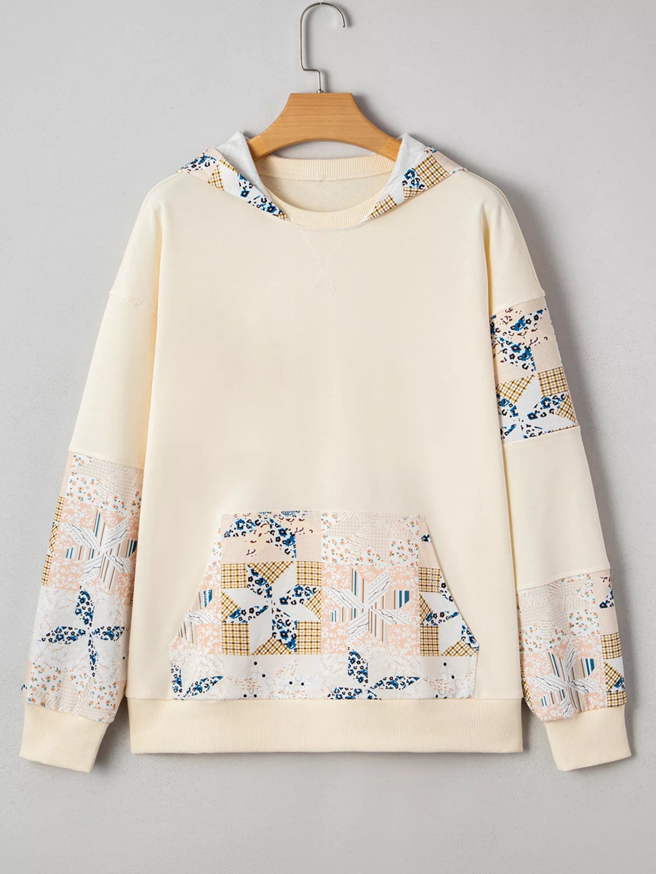 Geo Pattern Patchwork Hoodie with Kangaroo Pocket Easy Apparels