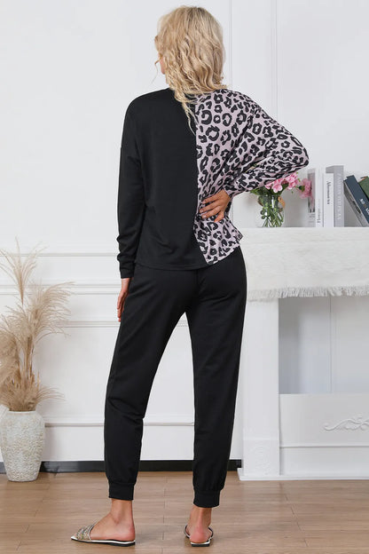Leopard Round Neck Top and Drawstring Pants Lounge Set Easy Apparels